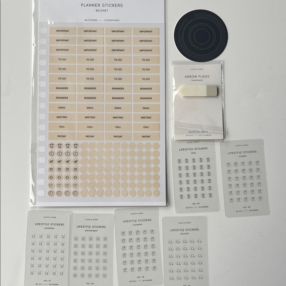 Cloth and Paper Beige and Gray Planner Sticker Set and Lifestyle stickers w Bag